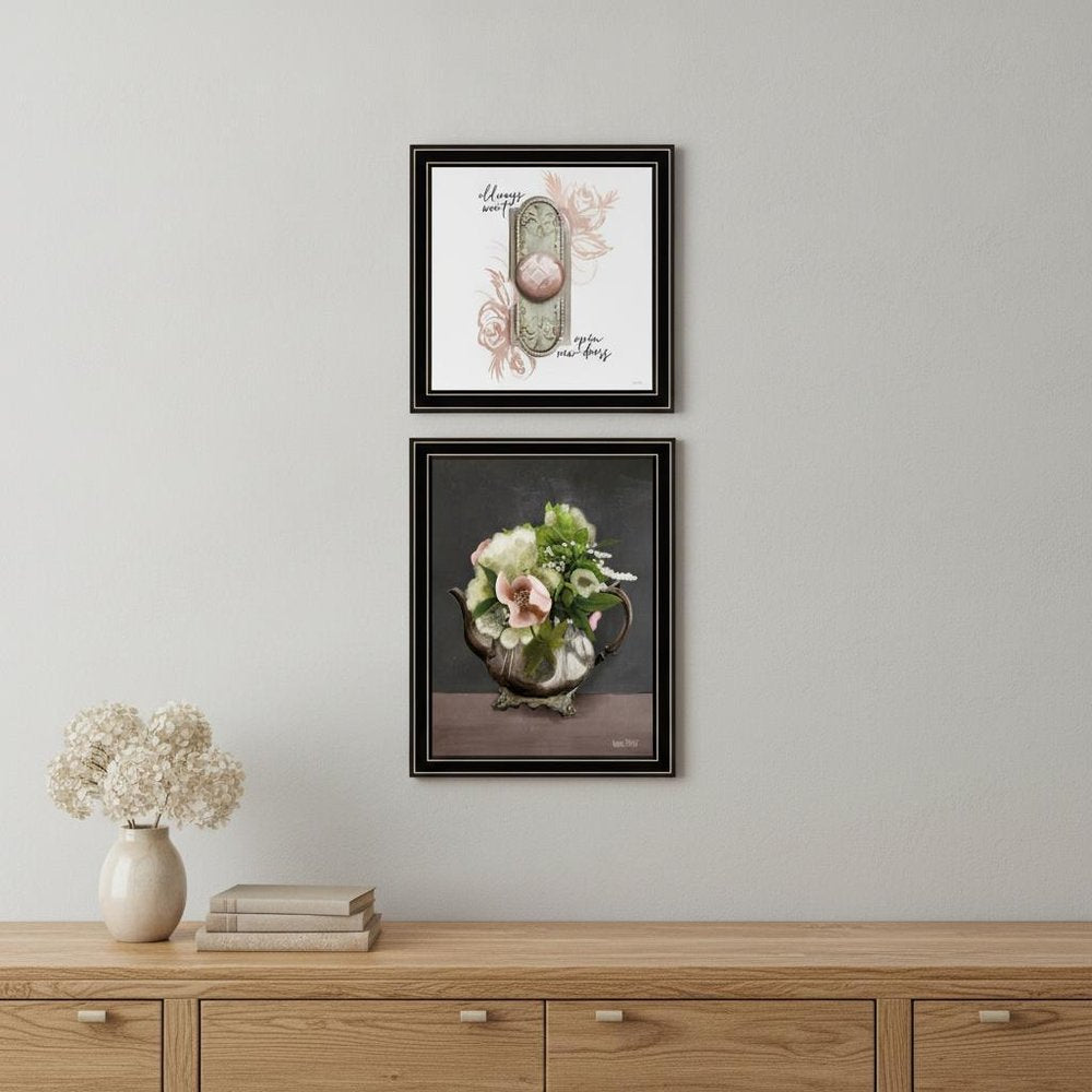Set Of Two Vintage Floral Tea Pot and Door Knob Black Framed Print Kitchen Wall Art