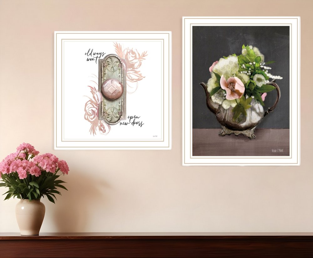 Set Of Two Vintage Floral Tea Pot and Door Knob Black Framed Print Kitchen Wall Art