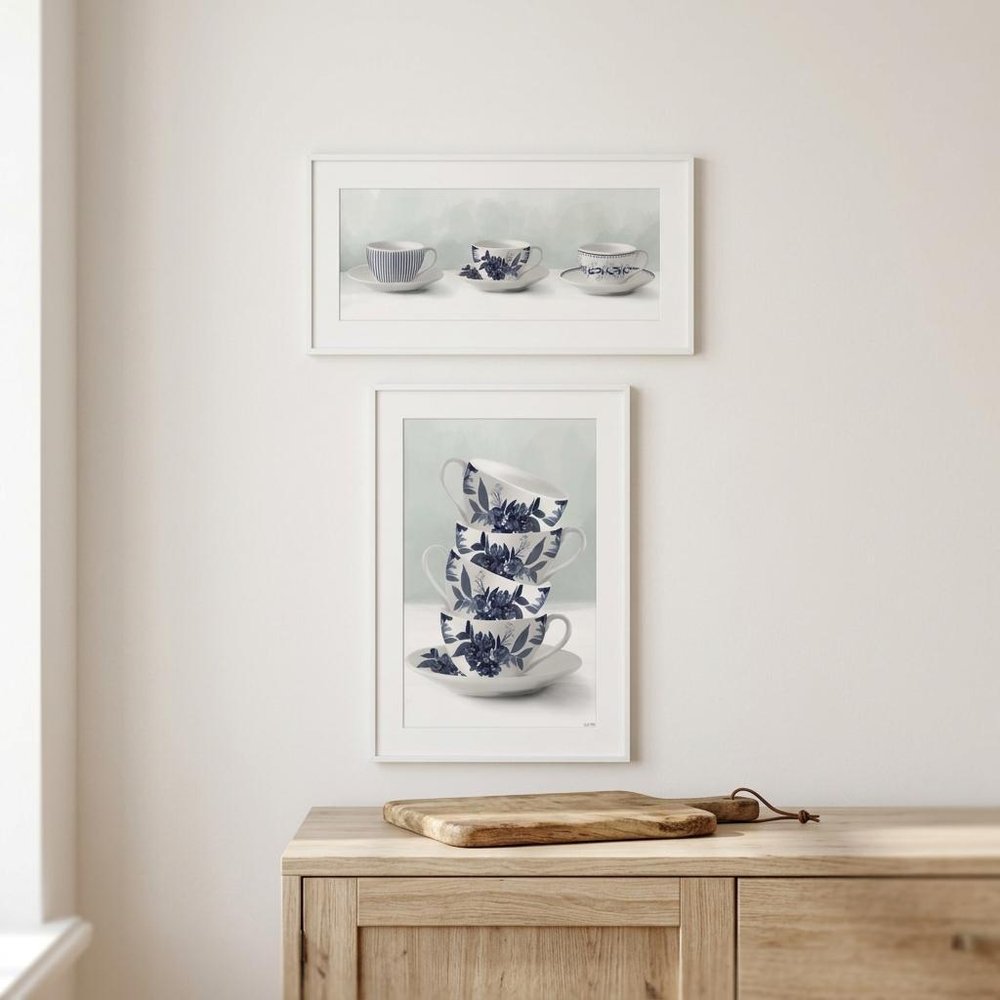 Set Of Two Tea tower with Cups and Sauces White Framed Print Kitchen Wall Art