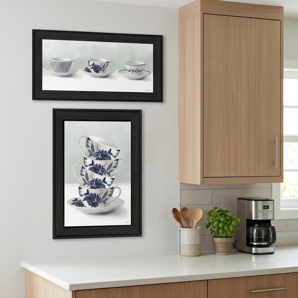 Set Of Two Tea tower with Cups and Sauces Black Framed Print Kitchen Wall Art