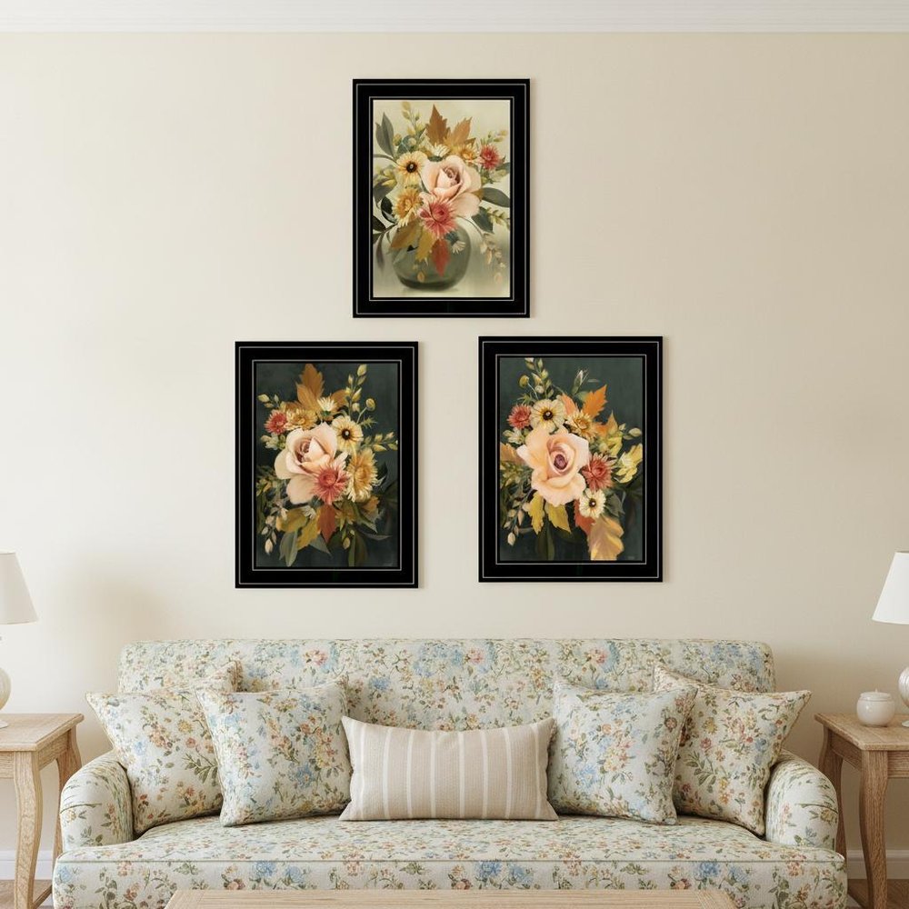 Set Of Three Romantic Autumn Black Framed Print Wall Art