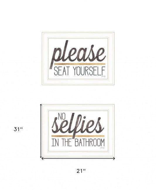 Set Of Two No Selfies When Seated 1 White Framed Print Bathroom Wall Art