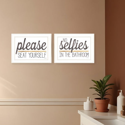 Set Of Two No Selfies When Seated 1 White Framed Print Bathroom Wall Art