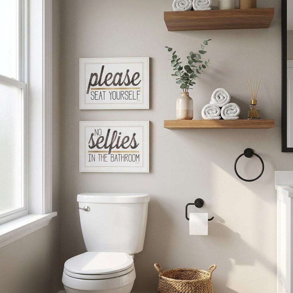 Set Of Two No Selfies When Seated 1 White Framed Print Bathroom Wall Art