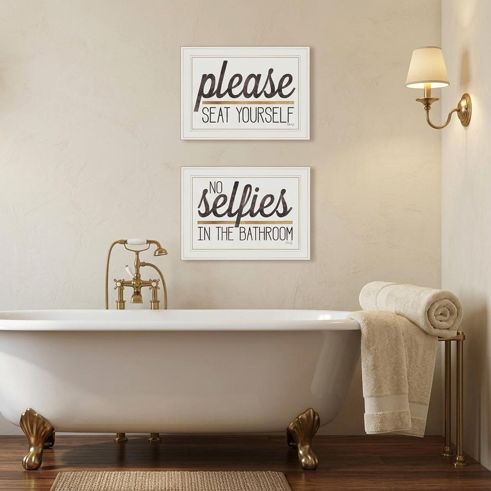 Set Of Two No Selfies When Seated 1 White Framed Print Bathroom Wall Art