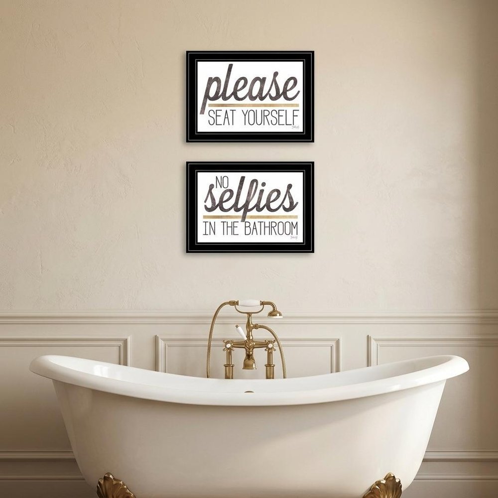 Set Of Two No Selfies When Seated 2 Black Framed Print Bathroom Wall Art