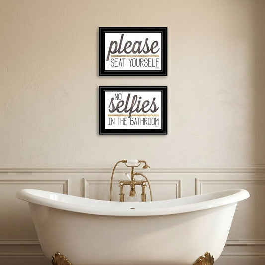 Set Of Two No Selfies When Seated 2 Black Framed Print Bathroom Wall Art