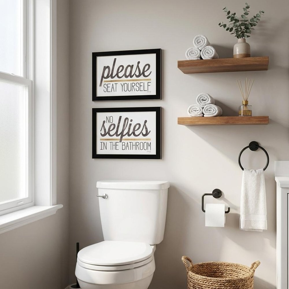 Set Of Two No Selfies When Seated 1 White Framed Print Bathroom Wall Art