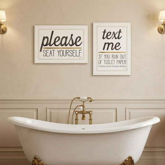 Set Of Two Text Me If You Run Out of Toilet Paper While Seated 1 White Framed Print Wall Art