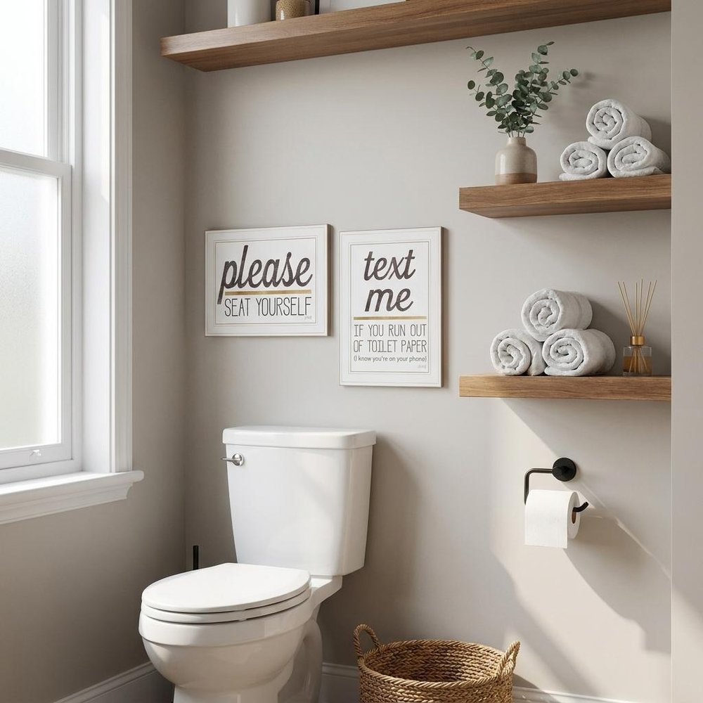 Set Of Two Text Me If You Run Out of Toilet Paper While Seated 1 White Framed Print Wall Art