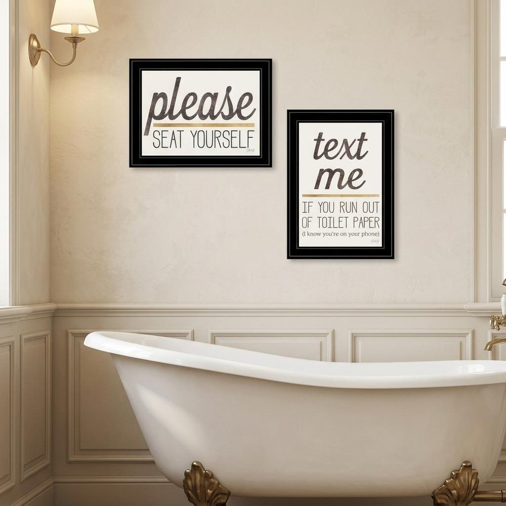 Set Of Two Text Me If You Run Out of Toilet Paper While Seated Black Framed Print Wall Art