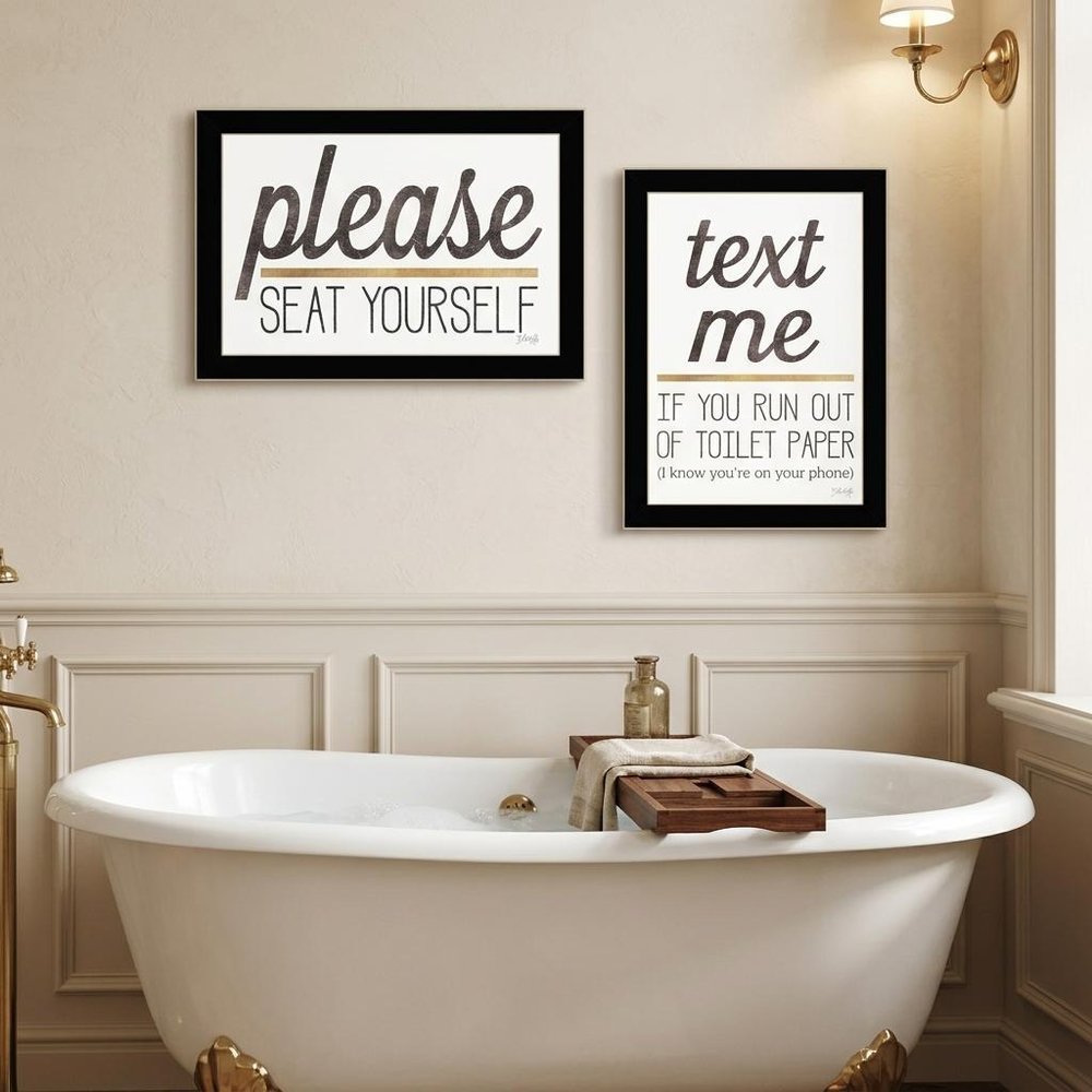 Set Of Two Text Me If You Run Out of Toilet Paper While Seated 1 White Framed Print Wall Art