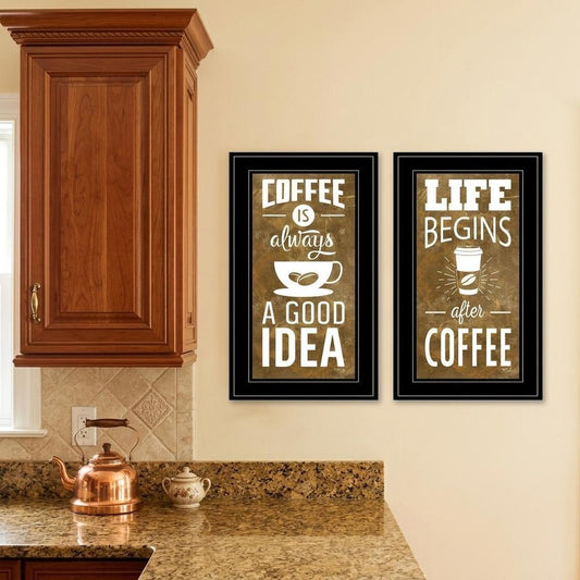Set Of Two Life Begins and Ends With Coffee Black Framed Print Wall Art
