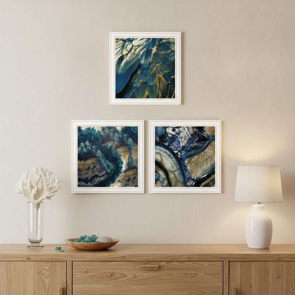 Set Of Three Deep Blue 2 White Framed Print Wall Art