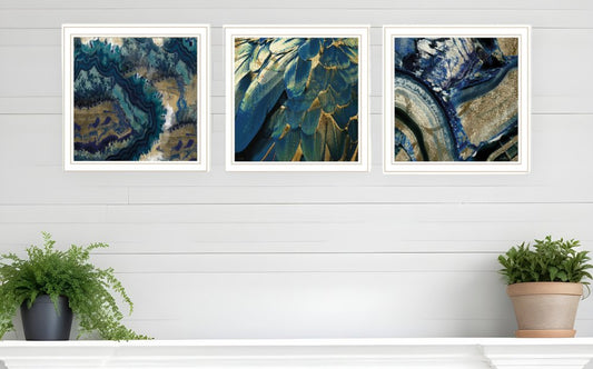 Set Of Three Deep Blue 2 White Framed Print Wall Art