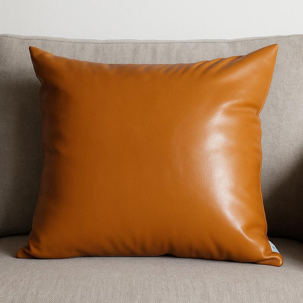 Set of Four 17" Brown Faux Leather Throw Pillows