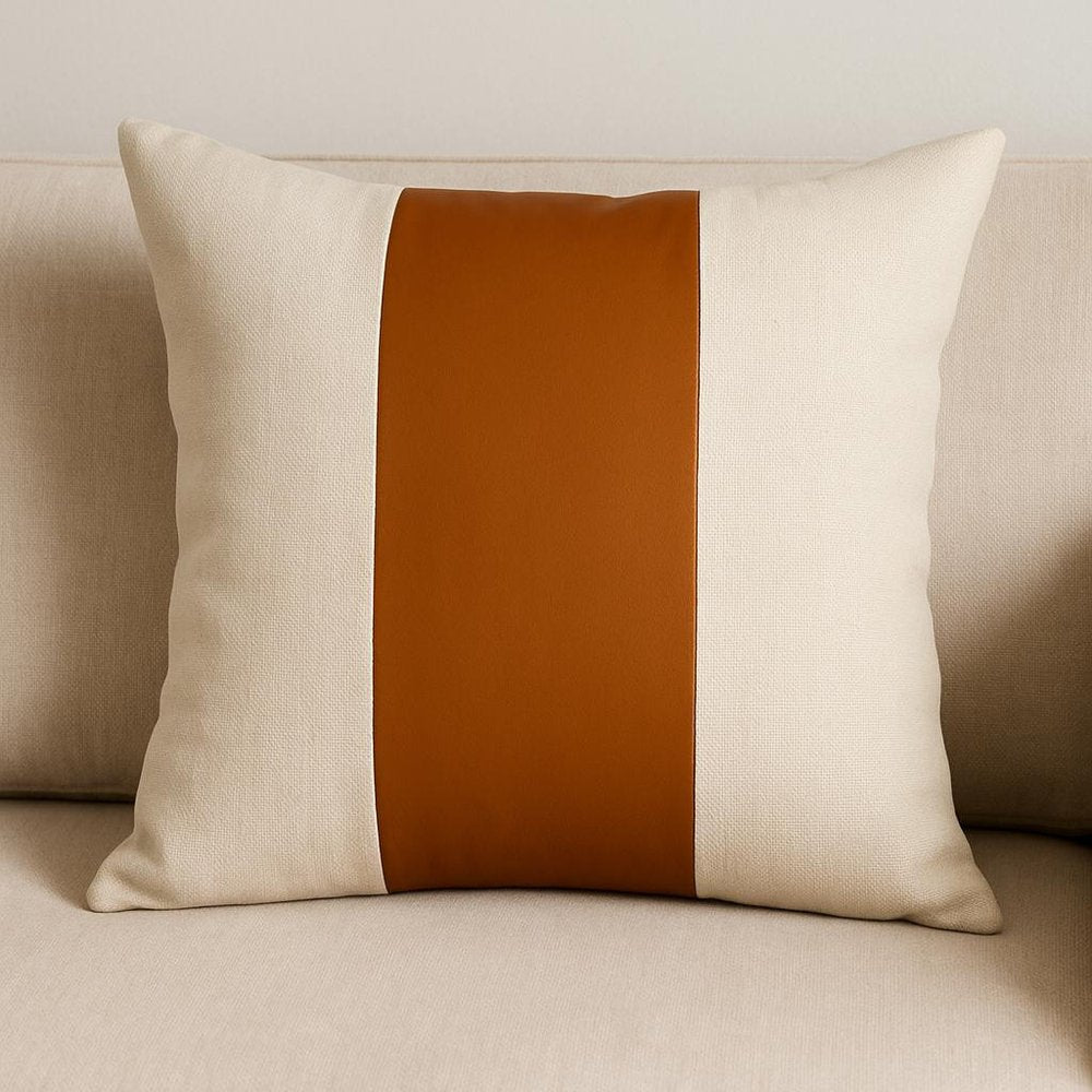 20" Brown And Ivory Faux Leather Throw Pillow Cover