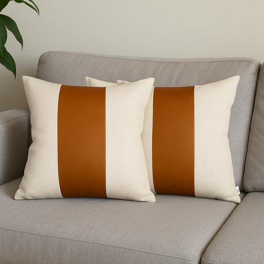 Set of Two 17" Brown And Ivory Faux Leather Throw Pillow Covers
