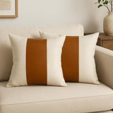 Set of Two 20" Brown And Ivory Faux Leather Throw Pillow Covers