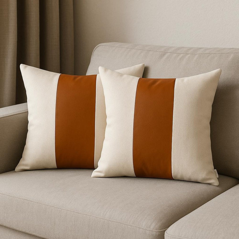 Set Of Four 20" X 20" Brown and Ivory Faux Leather Zippered Pillow Cover