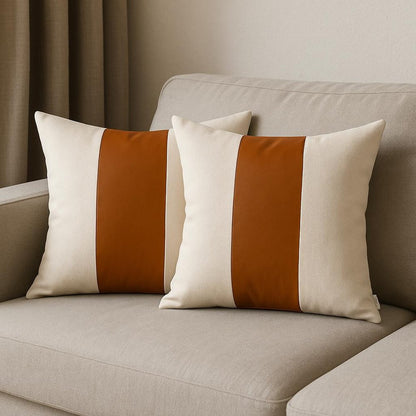 Set Of Four 20" X 20" Brown and Ivory Faux Leather Zippered Pillow Cover