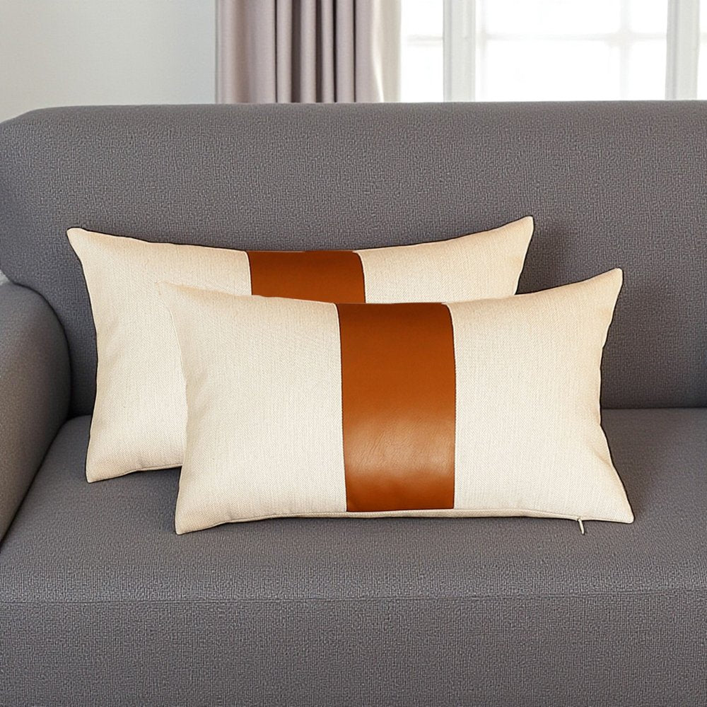 Set Of Two 18" X 18" Brown and Ivory Faux Leather Zippered Pillow