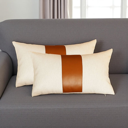 Set Of Two 18" X 18" Brown and Ivory Faux Leather Zippered Pillow