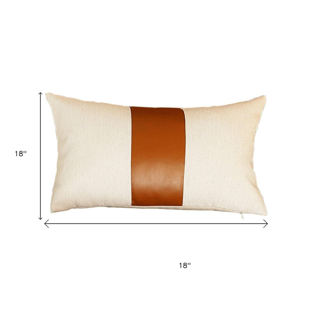 Set Of Four 18" X 18" Brown and Ivory Faux Leather Zippered Pillow