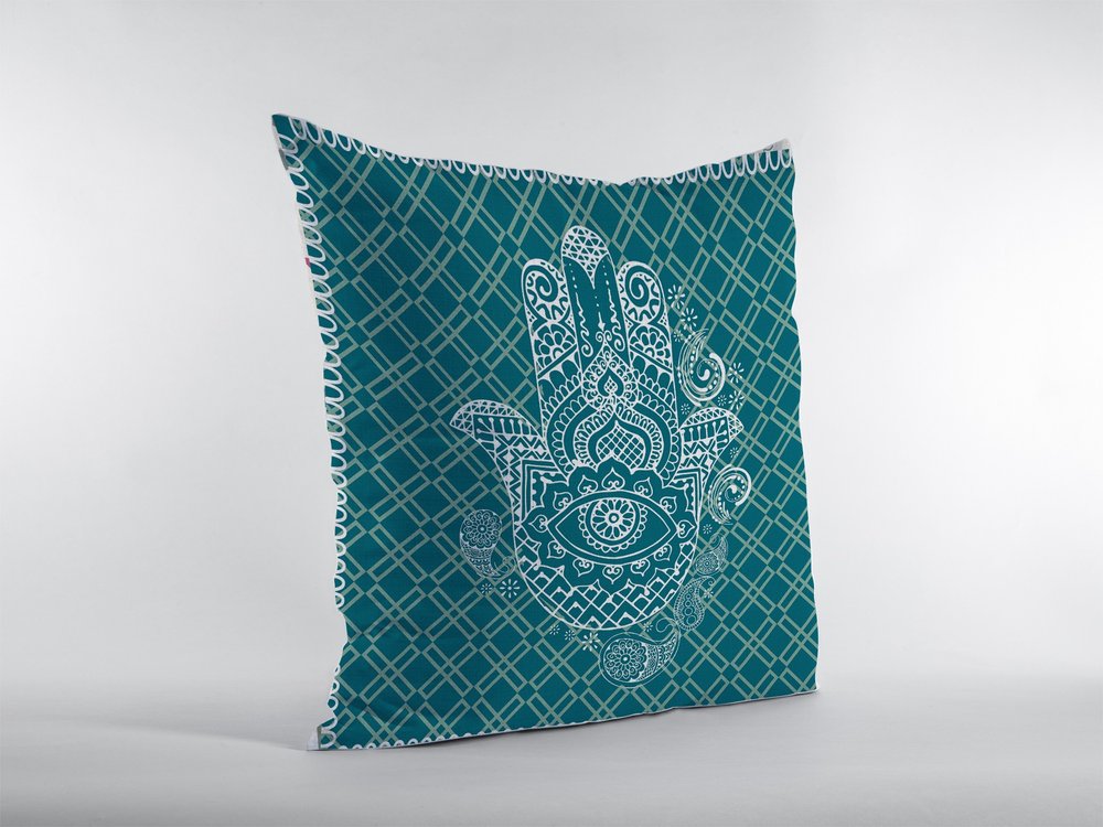 18” Teal White Hamsa Suede Zippered Throw Pillow