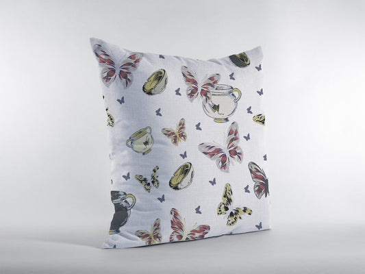 18" White Butterflies Zippered Suede Throw Pillow