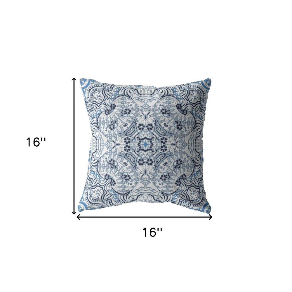 16” Light Blue Boho Ornate Zippered Suede Throw Pillow