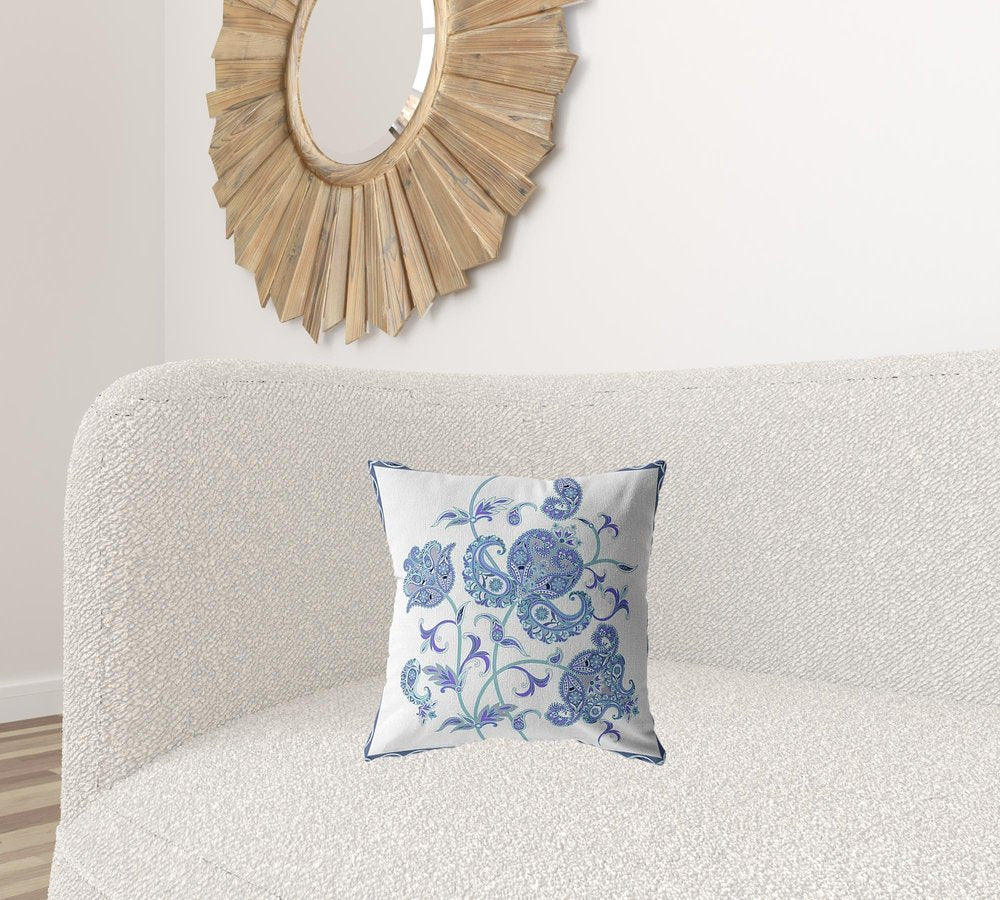 16” Blue White Wildflower Zippered Suede Throw Pillow