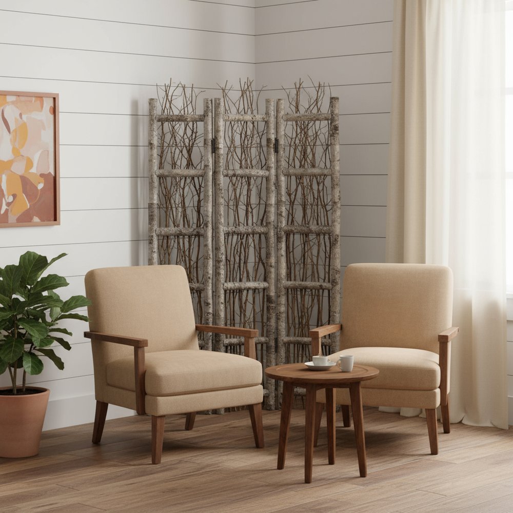 64" Brown Solid Wood Folding Four Panel Screen Room Divider