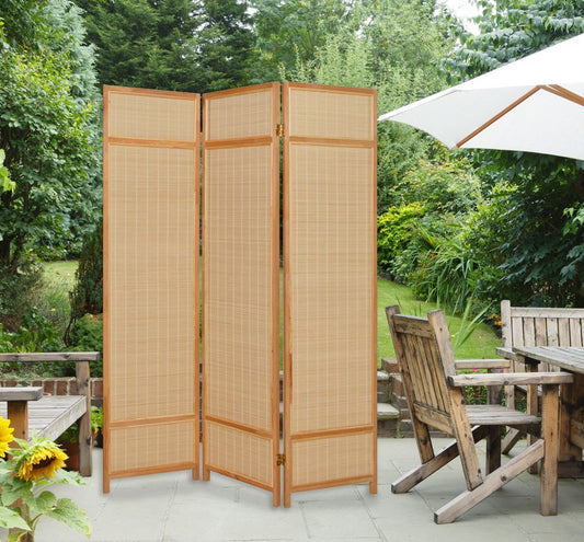 72" Brown Bamboo Folding Three Panel Screen Room Divider