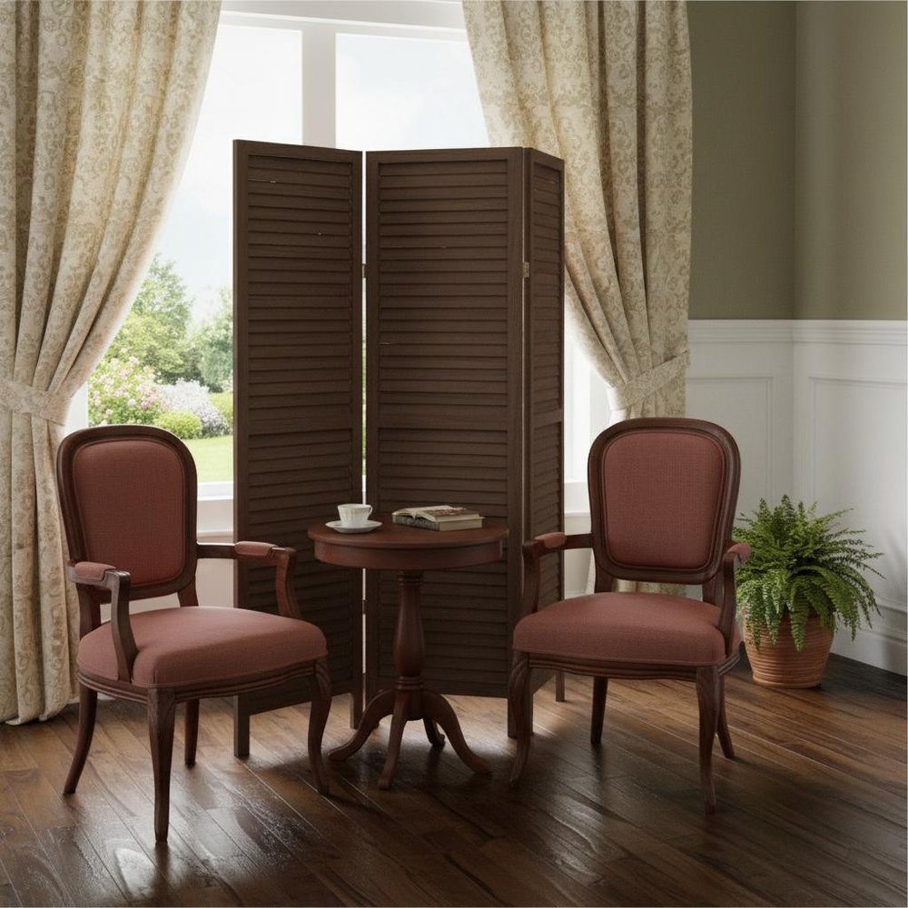 Stylish Three Panel Washed Brown Shutter Divider Screen