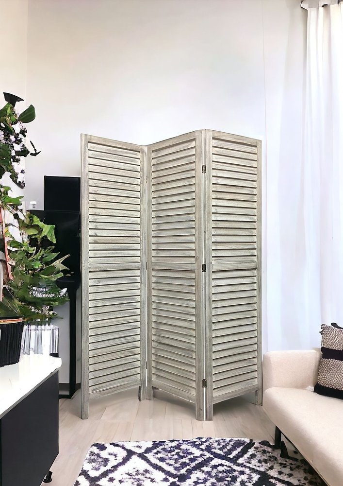 67" White Solid Wood Folding Three Panel Screen Room Divider