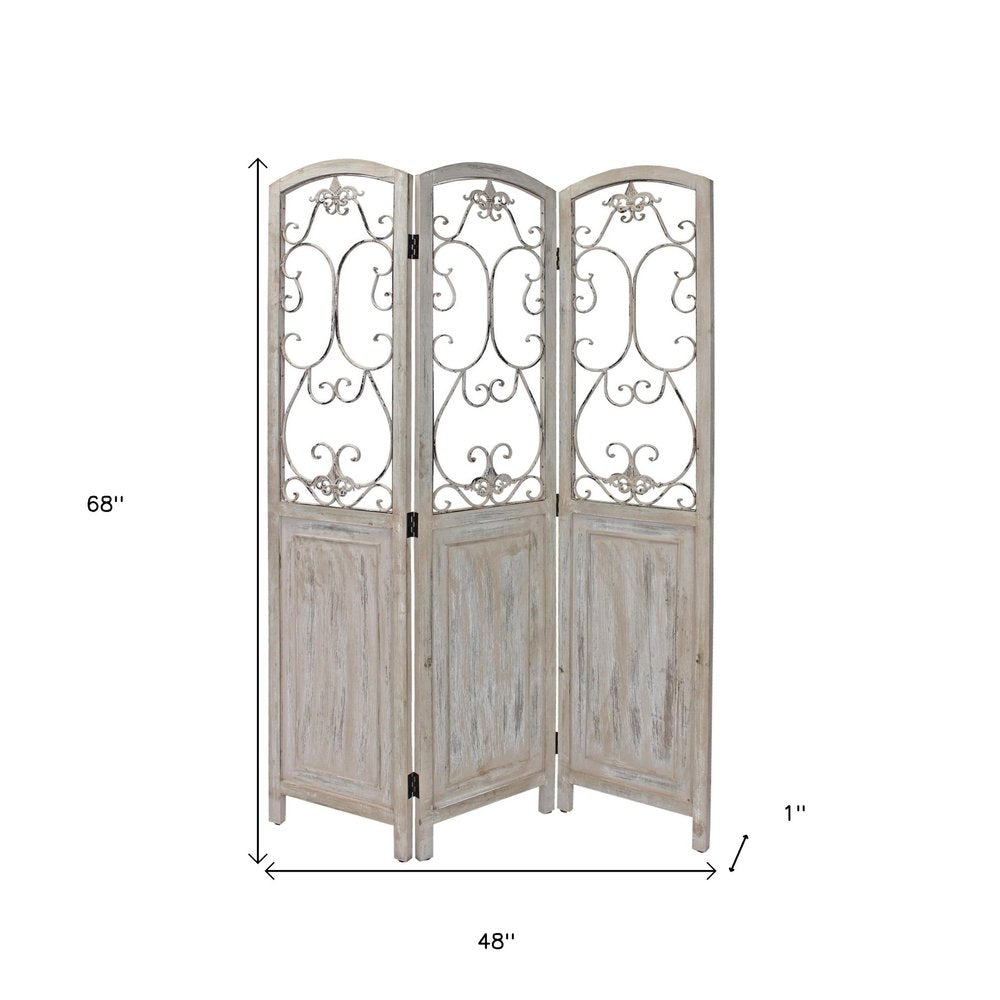 68" Beige Metal And Wood Folding Three Panel Screen Room Divider