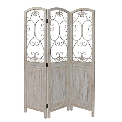 68" Beige Metal And Wood Folding Three Panel Screen Room Divider
