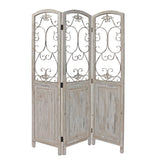 68" Beige Metal And Wood Folding Three Panel Screen Room Divider