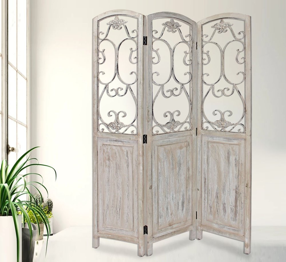 68" Beige Metal And Wood Folding Three Panel Screen Room Divider