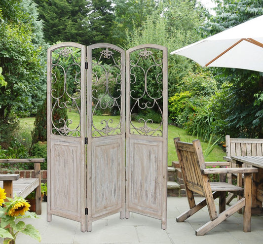 68" Beige Metal And Wood Folding Three Panel Screen Room Divider