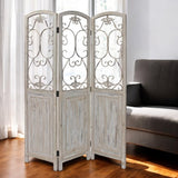 Romantic Whitewashed Scroll Three Panel Room Divider Screen