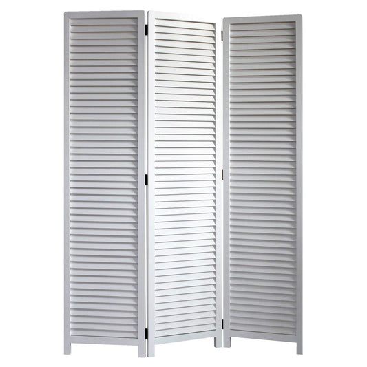 67" White Solid Wood Folding Three Panel Screen Room Divider