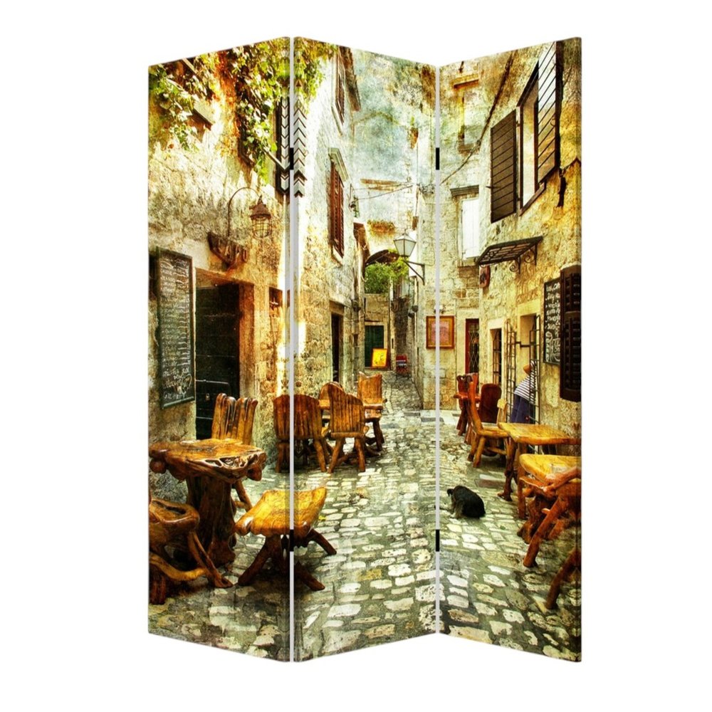 Romantic European Street Three Panel Room Divider Screen