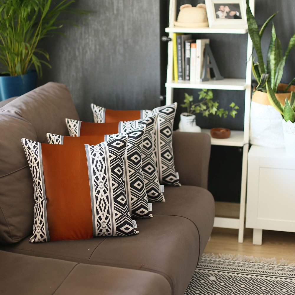 Set of Four 17" Brown Black and White Geometric Fabric and Faux Leather Throw Pillow Covers