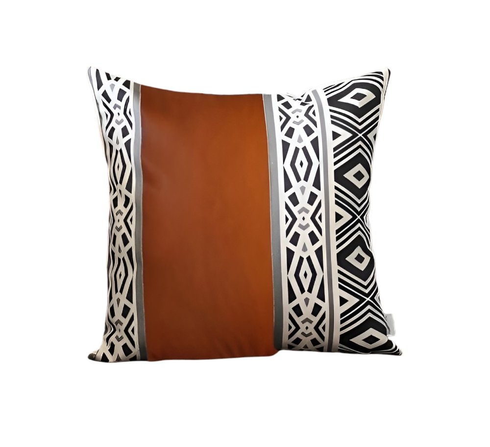 Set of Four 17" Brown Black and White Geometric Fabric and Faux Leather Throw Pillow Covers