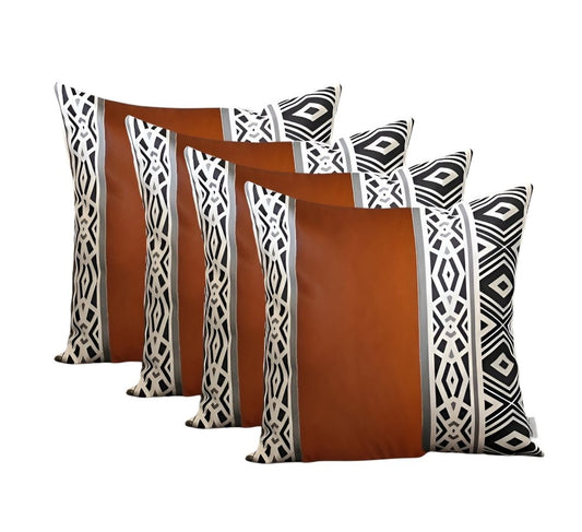 Set of Four 17" Brown Black and White Geometric Fabric and Faux Leather Throw Pillow Covers