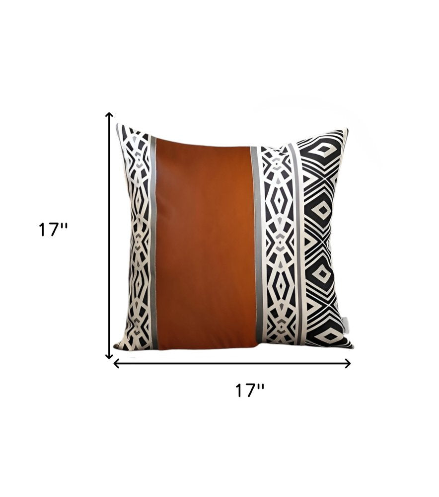Set of Four 17" Brown Black and White Geometric Fabric and Faux Leather Throw Pillow Covers