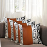 Set of Four 17" Brown Black and White Geometric Fabric and Faux Leather Throw Pillow Covers