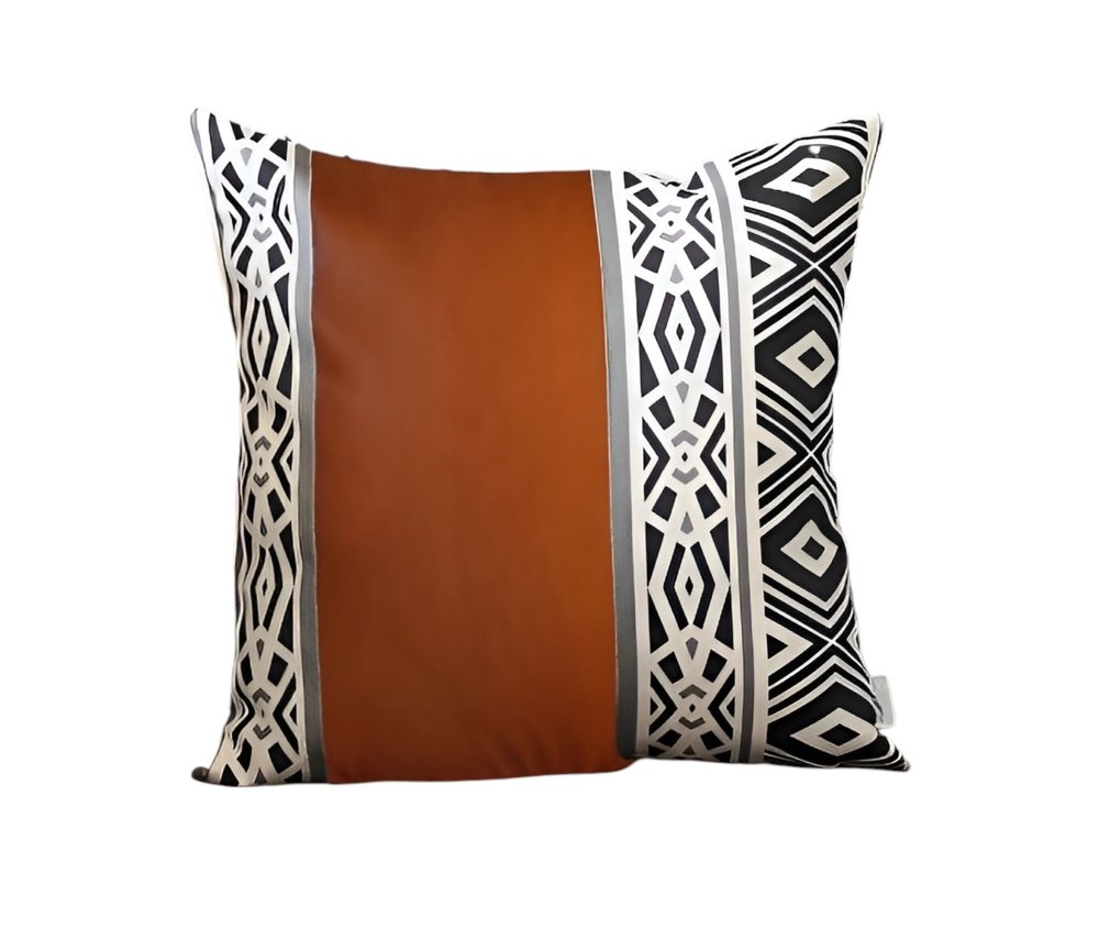 Set of Four 18" Brown Black and White Geometric Fabric and Faux Leather Throw Pillows